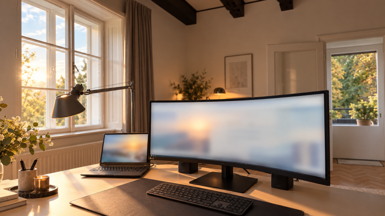 Heller Schreibtisch am Fenster im Morgenlicht, Laptop und Bildschirm, ruhige Arbeitsatmosphäre in der Wohnung