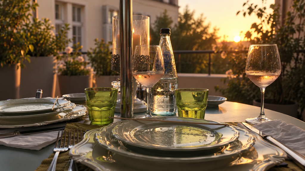 Ruhig gedeckter Tisch mit weißen Tellern, grünen Gläsern und zwei Weingläsern im warmen Abendlicht auf einer Terrasse.