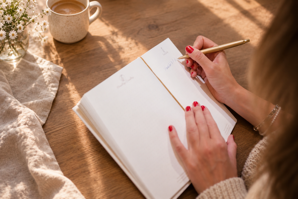 Hände schreiben mit einem goldenen Stift in ein Notizbuch, daneben Kaffeetasse und Wildblumen auf einem Holztisch im Morgenlicht