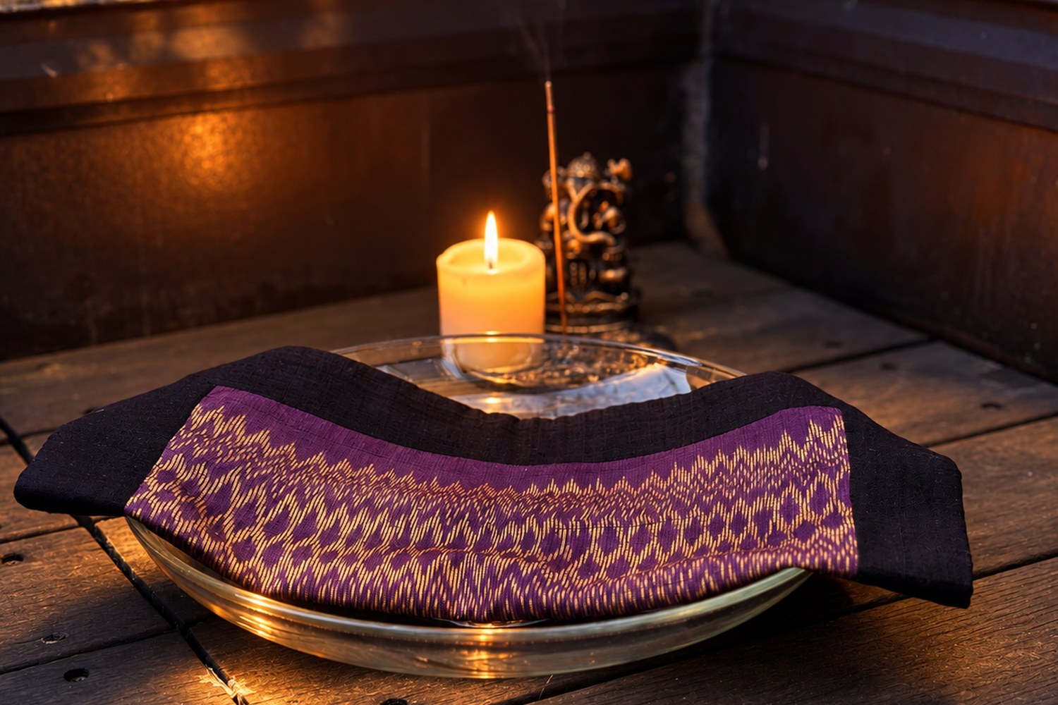 Brennende Kerze, Räucherstäbchen und kleine Figur neben einer Glasschale mit violettem Stoff auf Holzboden im Abendlicht — ein stiller Moment der Dankbarkeit