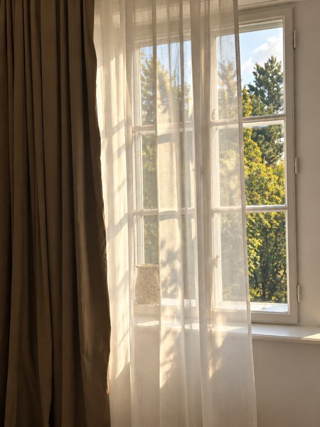 Durchscheinender Vorhang vor einem Fenster mit Blick auf Bäume, sanftes Tageslicht im Raum