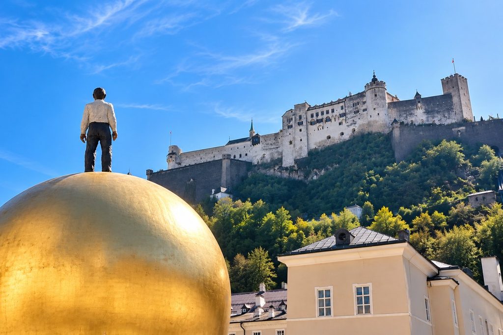 Skulptur „Sphaera" von Stephan Balkenhol am Kapitelplatz in Salzburg: ein Mann auf einer großen goldenen Kugel, im Hintergrund die Festung Hohensalzburg unter blauem Himmel