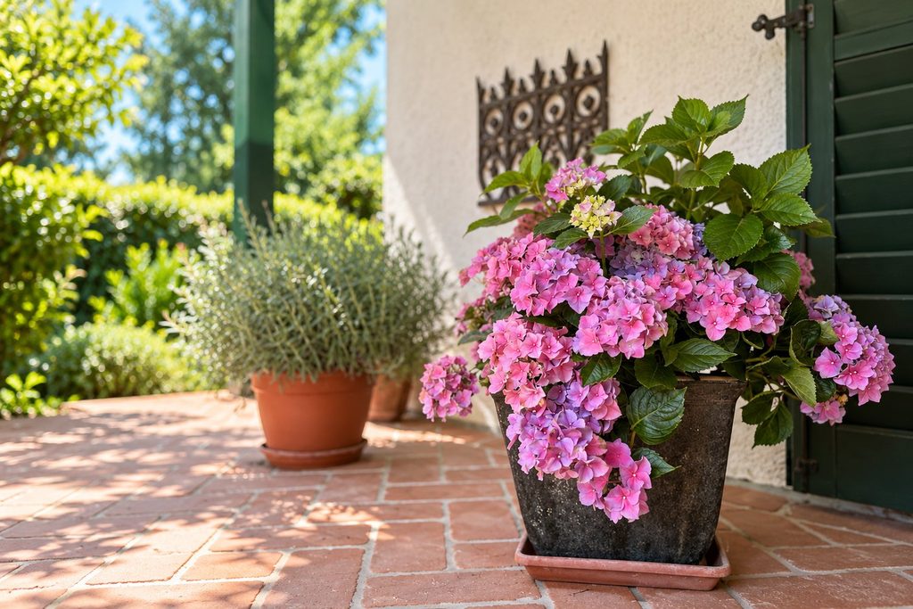 Rosa und violette Hortensien in einem dunklen Topf vor einem sonnigen Hauseingang mit grünen Fensterläden und Ziegelboden