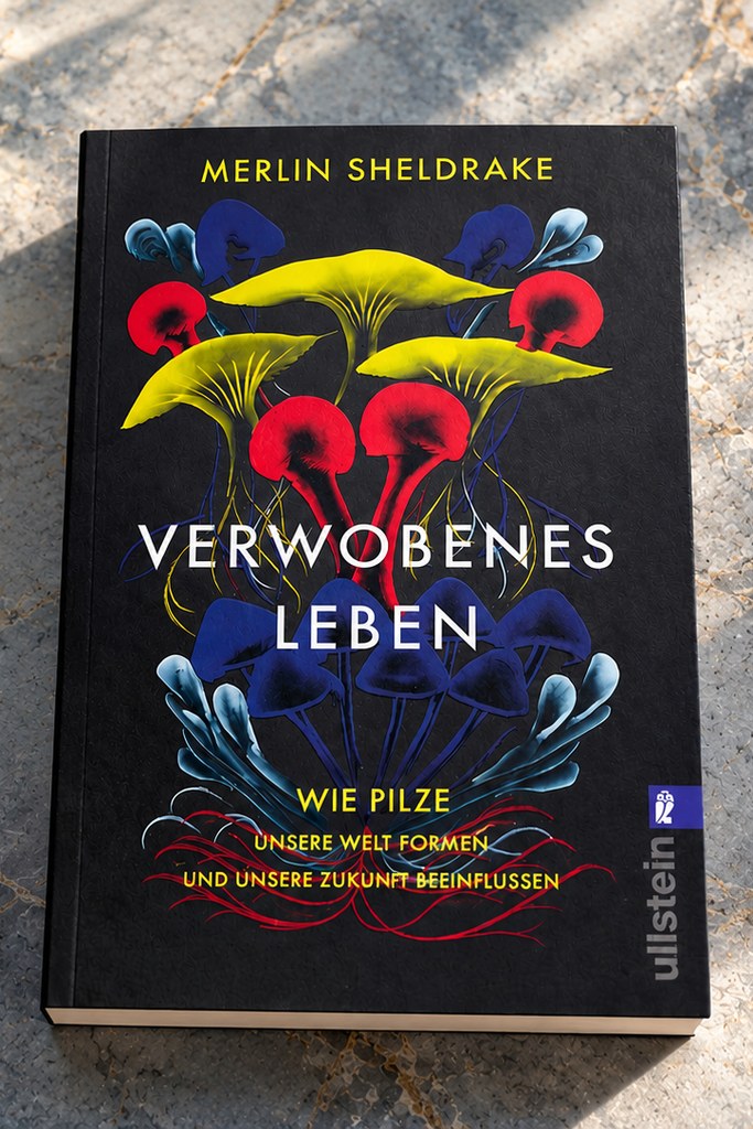 Das Taschenbuch „Verwobenes Leben — Wie Pilze unsere Welt formen und unsere Zukunft beeinflussen" von Merlin Sheldrake mit farbenfrohen Pilz-Illustrationen auf schwarzem Cover, liegend auf Marmor im Sonnenlicht.